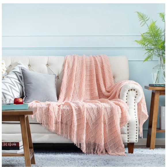 Grey Diamond Tassel Knit Throw Cozy Fringe Patterned Fall/Winter Dorm Blanket - Picture 15 of 16